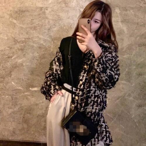 Casual Loose Spring New Fashion Design Womens Tweed Jackets Single Breasted Lapel Medium Length Oversize Female Outerwear Coats