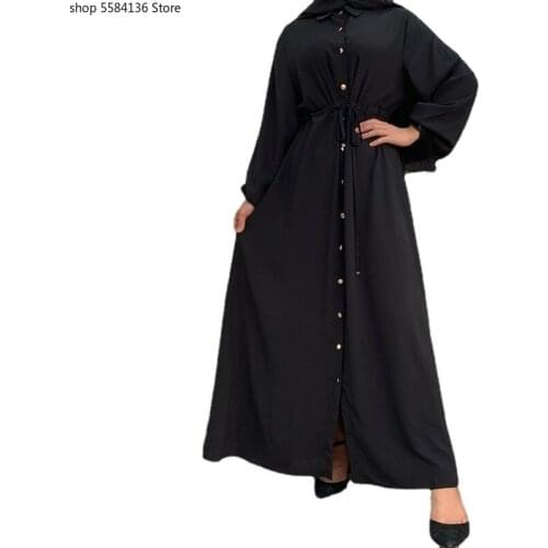 Shirt Long Dress Women Button Drawstring Turned Collar Long Sleeve Plus Size Muslim Maxi Dress Islamic Dubai Turkey Clothes