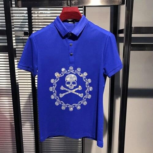 Mens Personality Rhinestone Skull Polo Shirt Fashion Lapel Design Male Breathable 100% Pure Cotton Short Sleeve