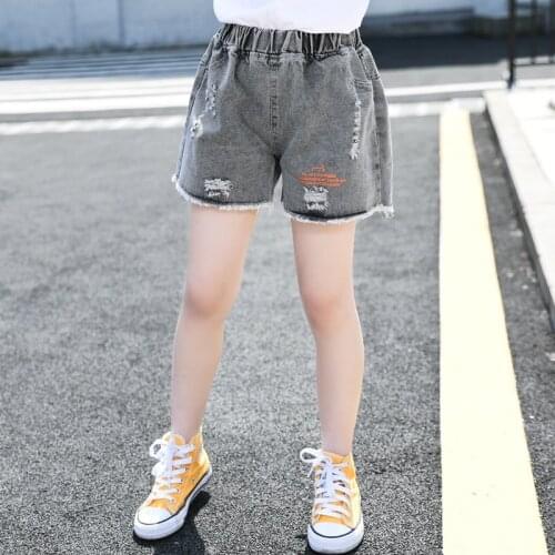 Vintage Kids Girl Grey Denim Shorts New Summer Teens Ripped Jean Shorts with Pockets for Girls Childrens Clothing Letter Print