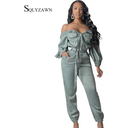 Sexy Off Shoulder Long Sleeve Bandage Belt Jumpsuit Women Fall Streetwear Casual Button Romper Fashion Club Overalls Plus Size