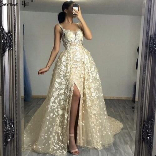 Serene Hill 2021 Ivory Sleeveless Handmade Flowers Evening Dress Crystal Sexy Luxury Tulle Formal Party Gown Real Photo CLA60717