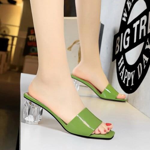 BIGTREE Shoes Women outside Summer Slippers with heels 2019 transparent crystal jelly heels Slides fashion peep toe Green yellow