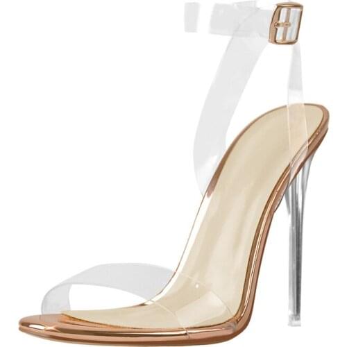 Richealnana Womens Summer Clear PVC Strap Sandals White Black Golden Transparent High Heels Ankle Buckle Shoes Big Size