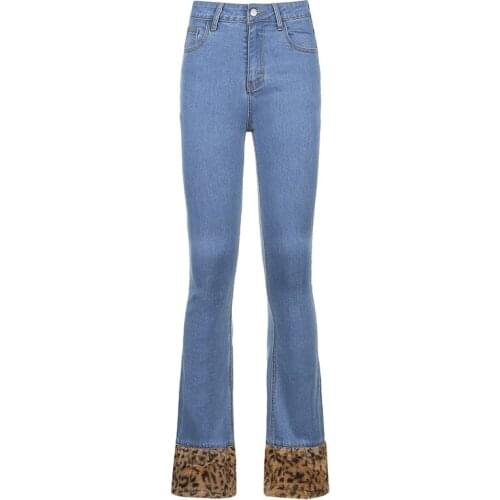 Women’s Korean Slim Fit Jeans Fashion Leopard Patchwork High-waist Wide Leg Casual Trousers