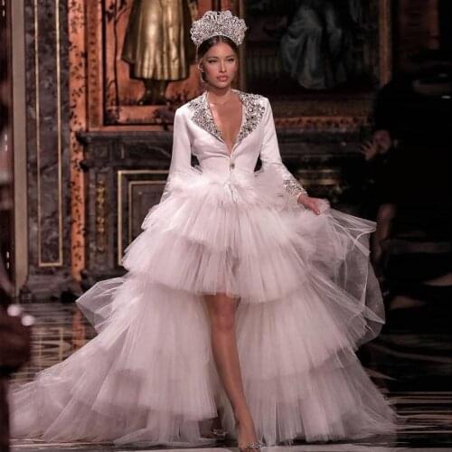 Vintage White High Low Bridal Dresses Crystal Beaded Notched Neck Full Sleeves Long Formal Party Dresses Women Ruffles Tulle