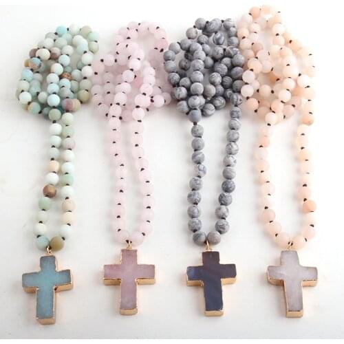 RH Fashion Bohemian Tribal Jewelry 8mm Natural Stones Knotted Stone Cross Pendant Necklaces Women Ethnic Necklace