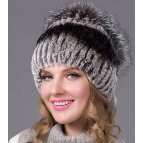 Winter Womens Rex Rabbit Fur Hat With The Whole Fox Fur Coat New Fashion Knitted Fur Hat Elastic Good Quality Womens Hat