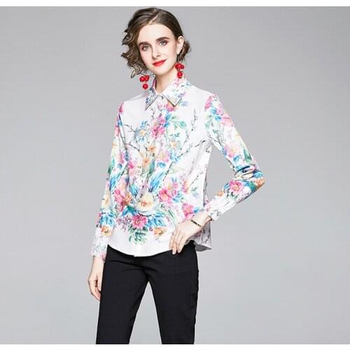 Europe Office Lady Vintage Print Floral Blouses Single-breasted Womens Tops and Blouses Chemise Femme Long Sleeve Elegant Shirts