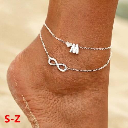 Boho Initial Letter Anklet for Women Heart Infinity Silver Color Ankle Double Layer Anklet English Alphabets Alloy New Jewelry