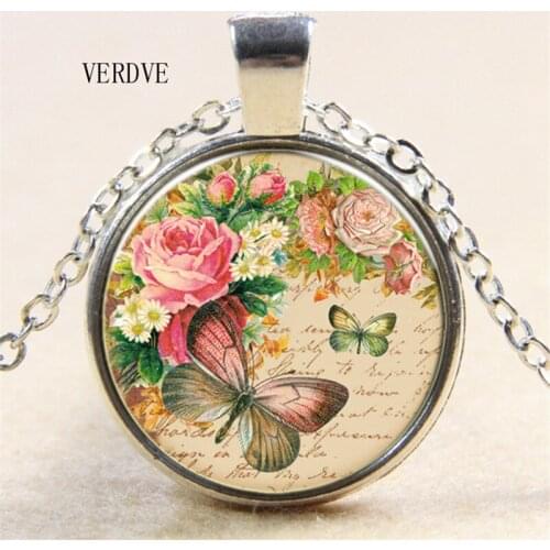 Cheap wholesale free rose butterfly crystal glass pendant necklace jewelry