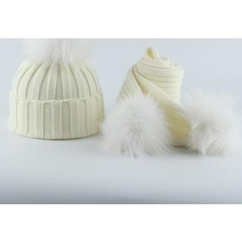 Children Winter Hat Scarf Sets Real Natural Fur Ball Caps For Kids Warm Knitted Hats Beanies Boy And Girl