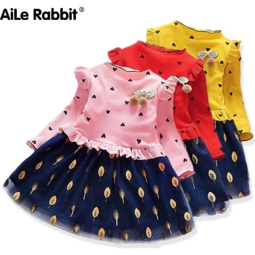 Girls Baby Dress 2019 Autumn New Long-sleeved Love Heart-shaped Dress Little Princess Gauze Feather Skirt Put Tutu