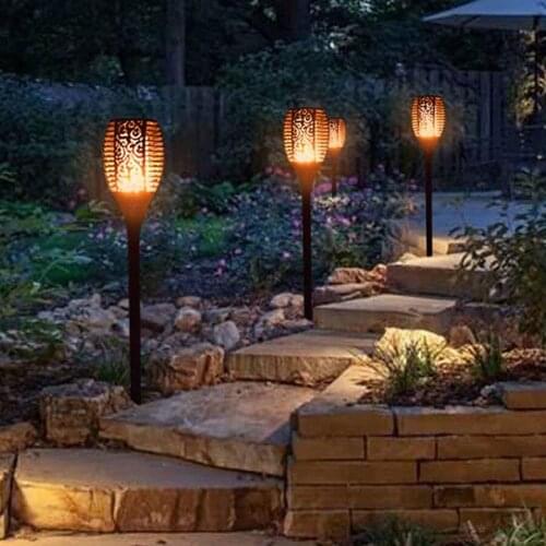 Solar Powered Flame Flickering Torch Light Outdoor Waterproof Dancing Flame Solar Lights Garden Fence Pathway Tiki Torches Lamp