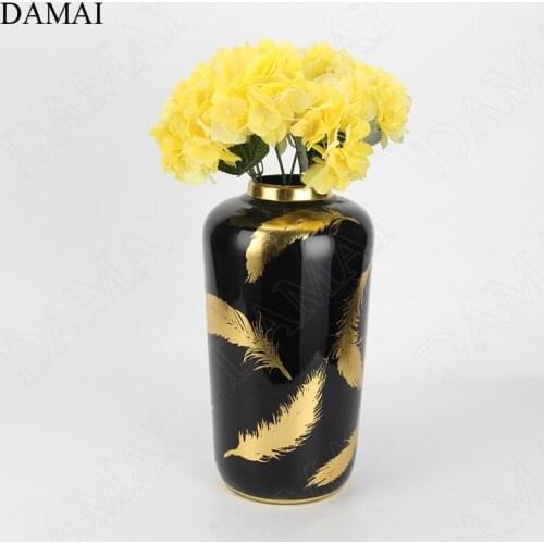 Creativity Golden Feather Ceramic Vase Nordic Modern Golden Stroke Painted Flower Vases Ornaments Living Room Desktop Plant Pots