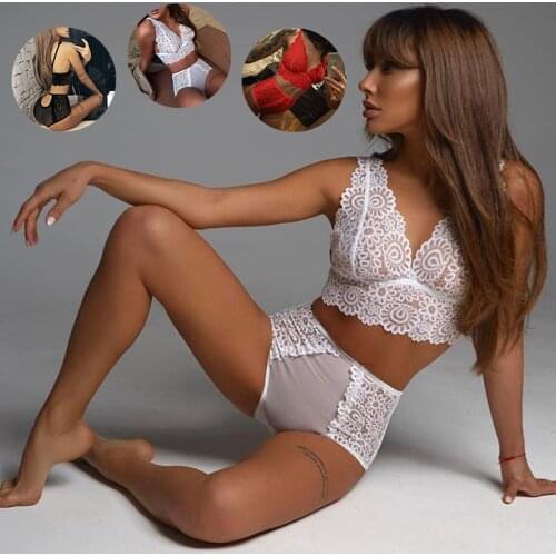 Sexy Fashion Solid Patchwork Bra Set Women Summer Lace Transparent Underwear Set Seamless Embroidery G-String Lingerie Set Femme