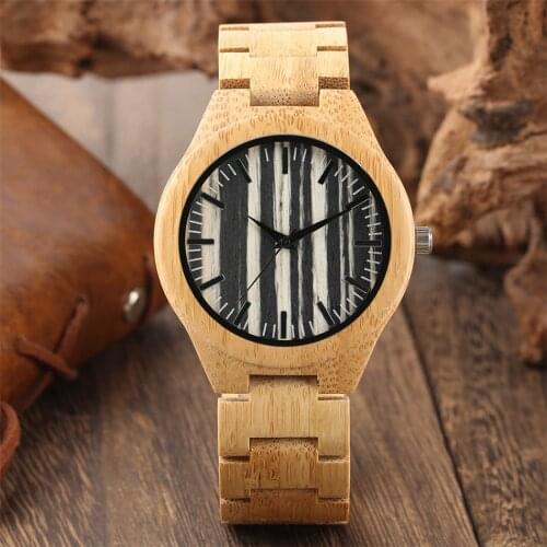 Full Natural Bamboo Watch Case Quartz Men Wristwatch Black Strips Dial Male Casual Wood Timepiece Stylish Bangle Wooden Clock