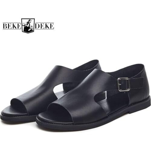 Summer Men Sandals 2019 New Real Leather Gladiator Sandals Buckle Strap Open-toed Beach Slippers Mens Breathable Antiskid Slides