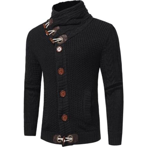 Turtleneck Men Wool Cardigan Sweater Mens Thick Pullover Knitting Cowl Neck Horn Button Coats Mens Slim Fit Sweaters Clothes