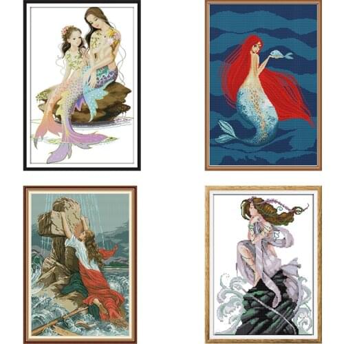 Cross-stitch Kit Embroidery Set Red-haired Mermaid Stamped Cotton Thread 11CT 14CT Painting Handmade Fabric DIY Needlework Decor
