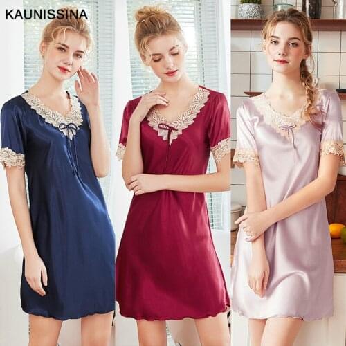 Summer Lace Silk Nightgown Women Sexy Nightwear Dress V-Neck Short Sleeve Chemise Sleepshirts Homewear Lingerie Nightdress