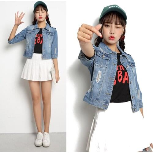 Slim-fit quarter-sleeved denim jacket long-sleeved jacket with holes in large size Spring and autumn denim jacket womens short