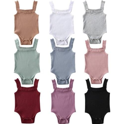 Toddler Baby Summer Clothing Newbown Baby Girl Sleeveless Cotton Bodysuit Ribbed Ruffled Jumpsuits Solid Playsuits 0M-24M