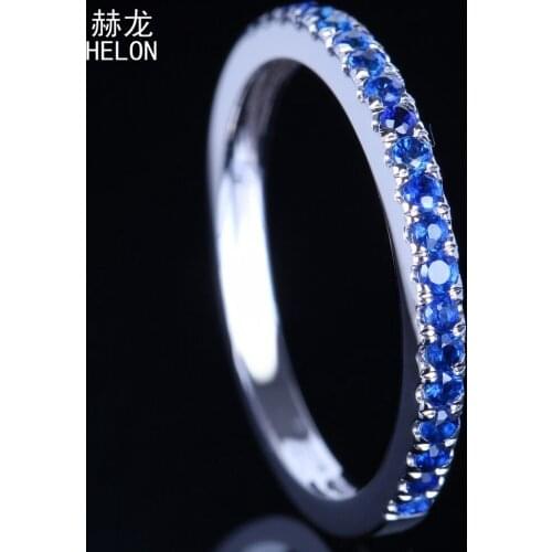 Solid 10K White Gold Set Genuine Sapphires Wedding Engagement Fine Ring Stackable Half Eternity Gemstone Wedding Bridal Band