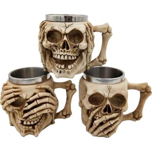 Retro Horn Skull Resin Beer Mug Stainless Steel Skull Knight Tankard Halloween Coffee Cup Viking Tea Mug Pub Bar Decoration