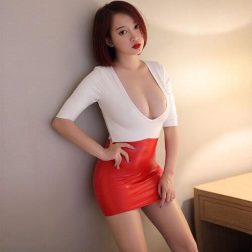 Deep V Neck Tight Pencil Porn Stage Wear Hollow Sexy PU Shiny Dress Patchwork PU OL Micro Mini Dress Bodycon Bandage Tight Dress