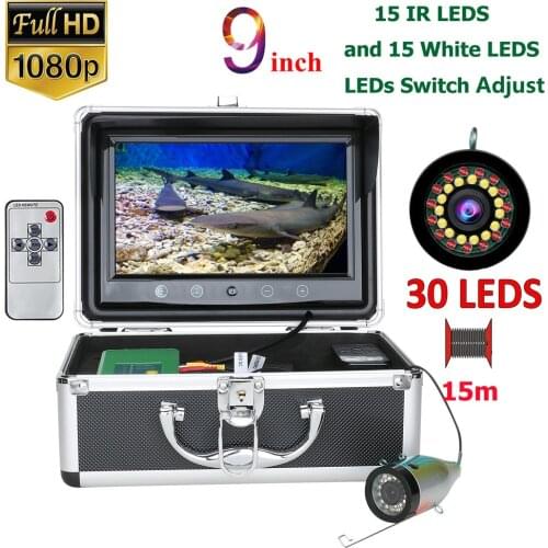 9 inch 1080P Fish Finder Underwater Fishing Camera HD 1280*720 Screen15pcs White LEDs+15pcs IR LED 15/30M Camera Fishfinder