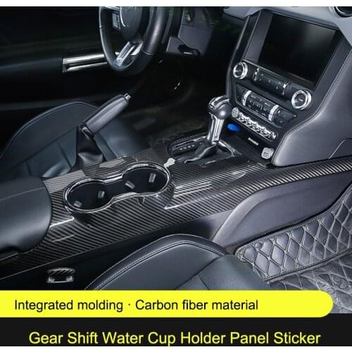 Real Carbon Fiber Car Gear Shift Control Side Panel Water Cup Holder Panels Frame Cover Stickers For Ford Mustang 2015-2020