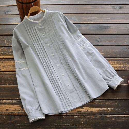 6916 New Spring Women Blouse Japan Style Mori Girl Lace Stand Collar Cotton Long Sleeve Solid Color Tops Women