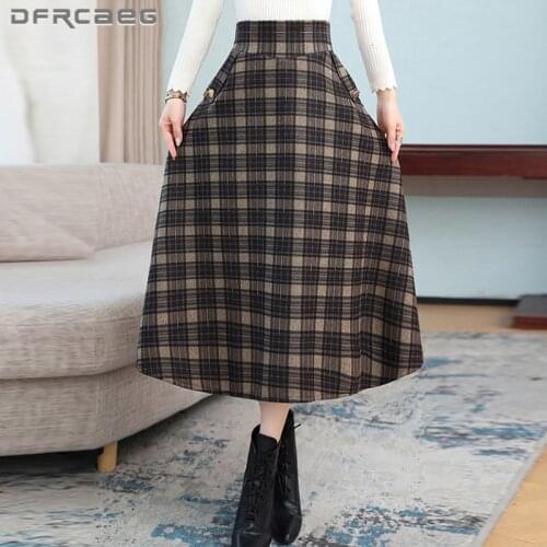 Warm Vintage Plaid Winter Wool A-Line Skirts Woman 2021 Casual High Waist Sexy Split Long Skirt Woolen Female