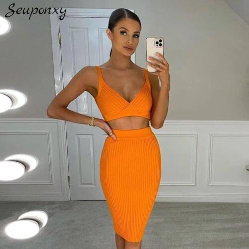 High Quality 2021 Summer WomenS Bodycon Bandage 2 Two-Piece Set Sexy Spaghetti Strap Short Top + High Waist Skirt Party Set