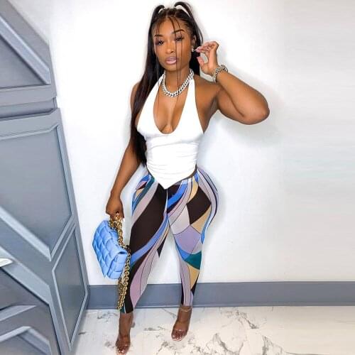 Geometric Pattern Two Piece Set Women Summer Halter Neck Backless Crop Tops+pencil Legging Matching Outfits Cleavage Clothing