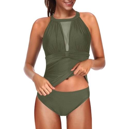 Solid Green High Neck Plunge Mesh Ruched Tankini Sets Swimwear Women 2021 Summer Fashion Padded Push-Up Bra Mesh Bikini Suits