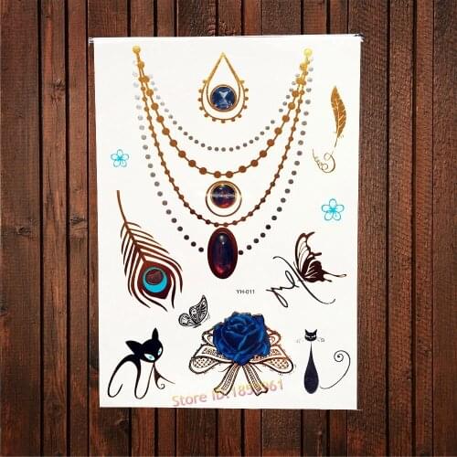 1PC Gold Metallic Temporary Tattoo Choker Pendant Designs AYH-011 Bowknt Feather Black Cat Flash Waterproof Tattoo Body Arm Art
