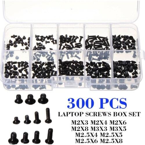 300pcs M2 M2.5 M3 Computer Screws Replacement Kit Assemble Flat Head Black Screws Accessories for Laptop Notebook
