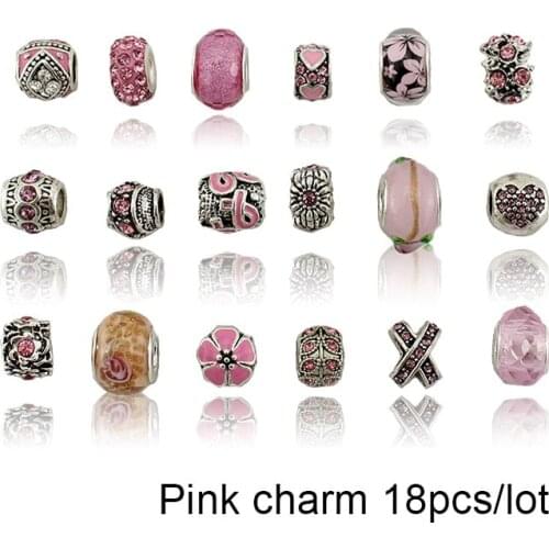 VIOVIA Mix 18 pieces per lot Cute Color Pink Crystal Charm Beads Fit Original Pan Bracelet Pendant Women Diy Jewelry