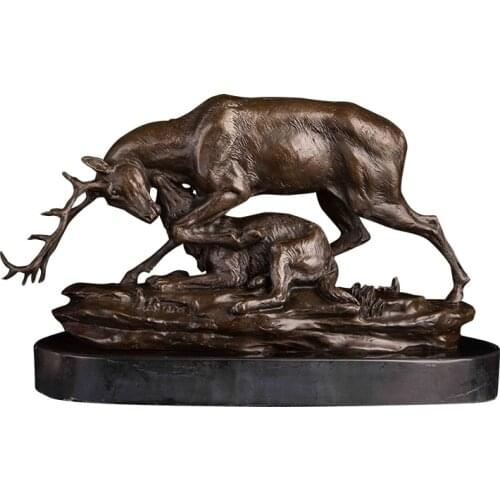 ArtsHom DW-071 Deer with Child Sculpture and Statue Bronze Vintage Copper Figurines Feng Shui Metal Artwork for Home Office Deco
