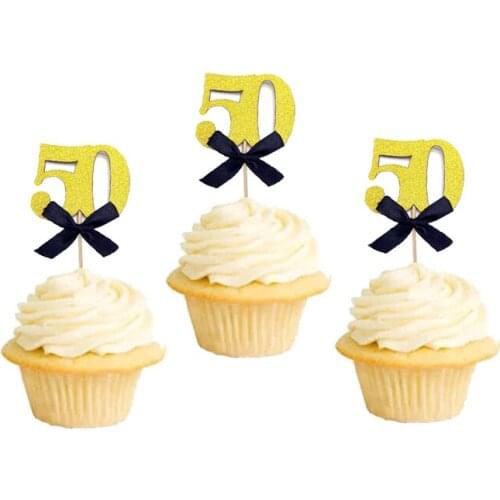 10pcs Glitter Black Gold 30th 40th 50th 60th Bow Cupcake Topper Birthday Anniversary Adult Retirement Party Cake Decoration