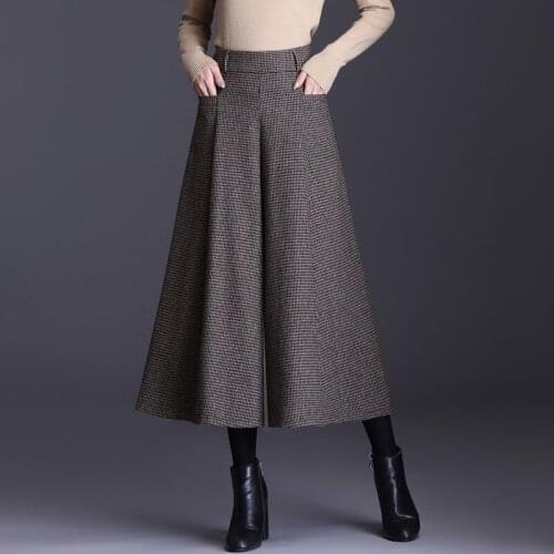 Wide Leg Pants Womens Skirt Plaid Bell-bottom Pants Autumn Winter Cropped Skirt Pants Capri Trousers Thick Plaid Bootcut Pants