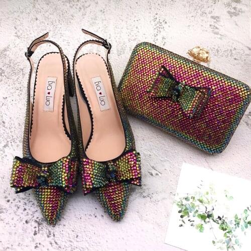 BS1215 Custom Handmade Multicolor Crystal SlingBacks Dress Pumps Big Size Women Shoes Low Heel Bridal Wedding Shoes And Bag Set