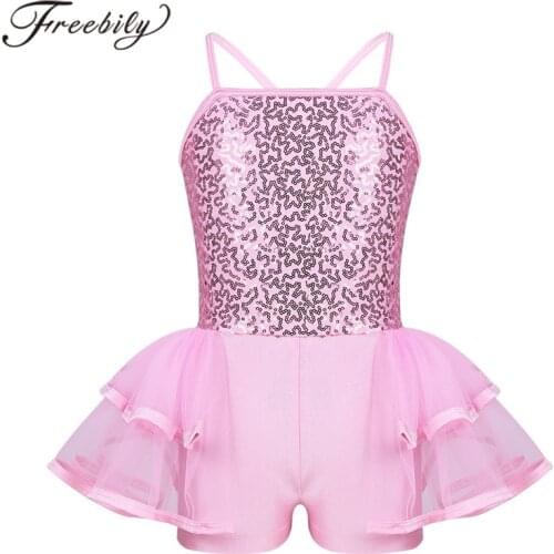 Kids Girls Performance Dance Costumes Shiny Sequins Tiered Mesh Ballet Gymnastic Leotard Dance Wear Childrens Ballerina Clothing
