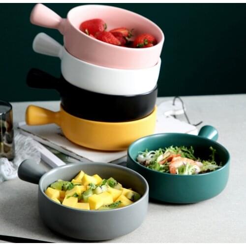 1pcs Ceramic Salad Plate Snack Candy Bowl With Handle Kitchen Fruit Dish Tableware Fresh Food Nordic Container Round Bowl