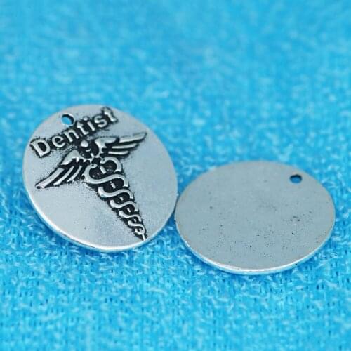 10pcs 25MM Dentist medical round antique silver plated fashion charms vintage word pendants for bracelet earring diy jewelry