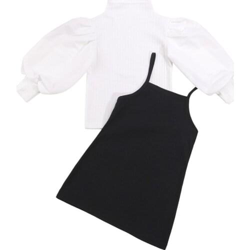 2021 1-6Y Fashion Kids Baby Girl Clothes Set Lantern Long Sleeve White Solid Knit Top Pullovers+Black Suspender Dress Fall 2pcs