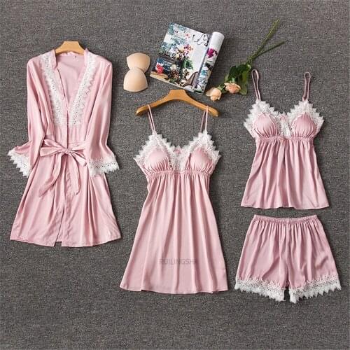 Fashion Silk Pajamas For Women Sexy Lace Trimmed Nightwear Satin Pajamas With Shorts 4-Piece Sleepwear Suits Casual Home Clothes
