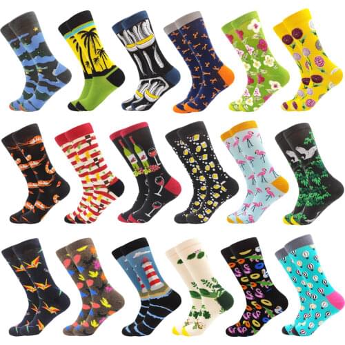 Colorful Fashion Hip Hop Cotton Mens Socks Novelty Kawaii Harajuku Cartoon Art Pink Flower Bird Tree Happy Funny Socks Size38-46